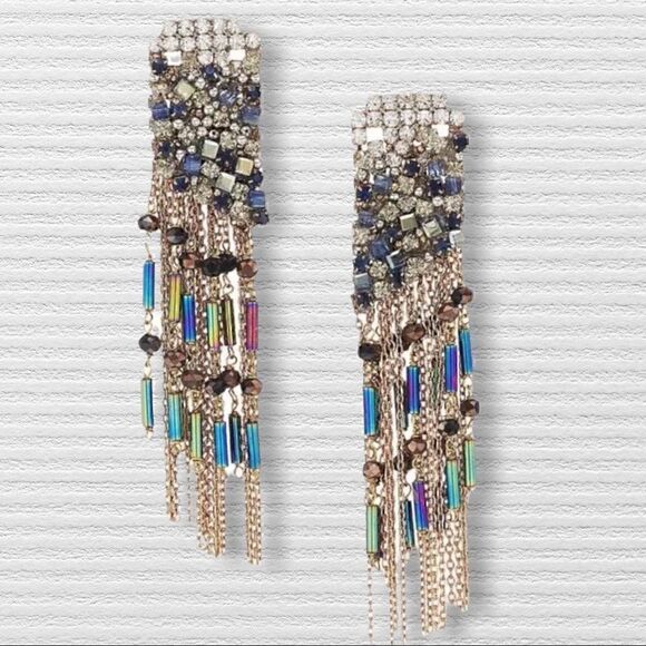 THEIA Fringe Drop Swarovski Crystal Gold Tone Earrings - Picture 1 of 5